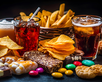 a variety of snacks including chips drinks and candy with a focus on indulgent treats and party food